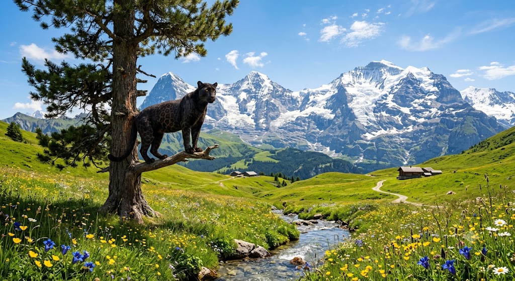 A black panther standing on a branch in an alpine meadow below snow-capped peaks. CYPHR scored it 90% likely AI.