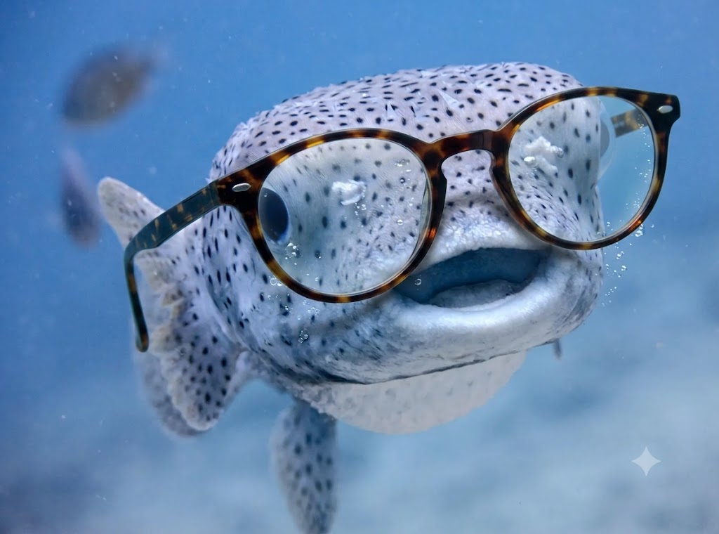 A pufferfish underwater wearing a pair of tortoiseshell glasses. CYPHR scored it 80% likely AI.